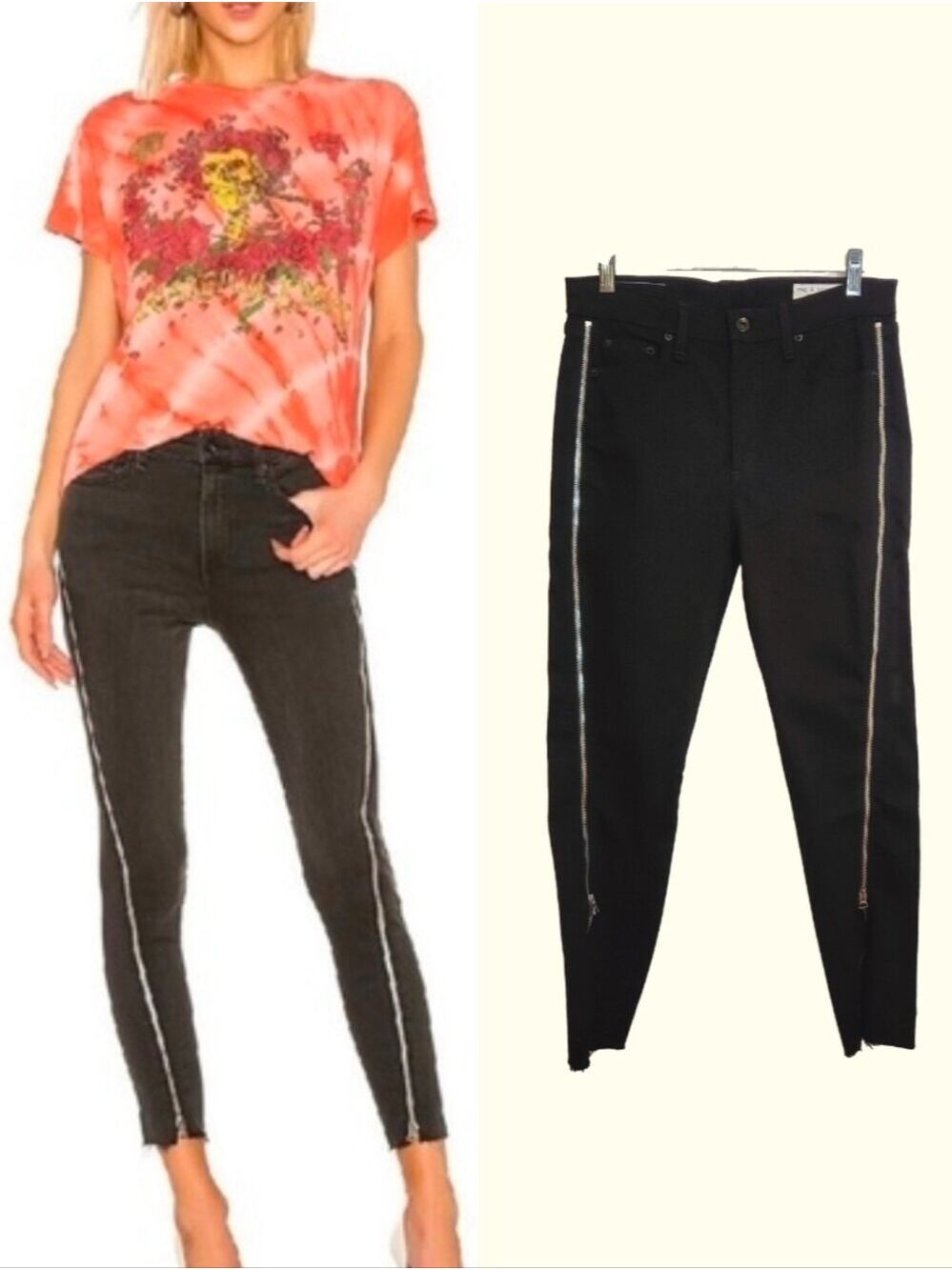 Rag & Bone Nina NEW High Rise Skinny Front Zipper Raw Hem  Black Denim Jeans 28